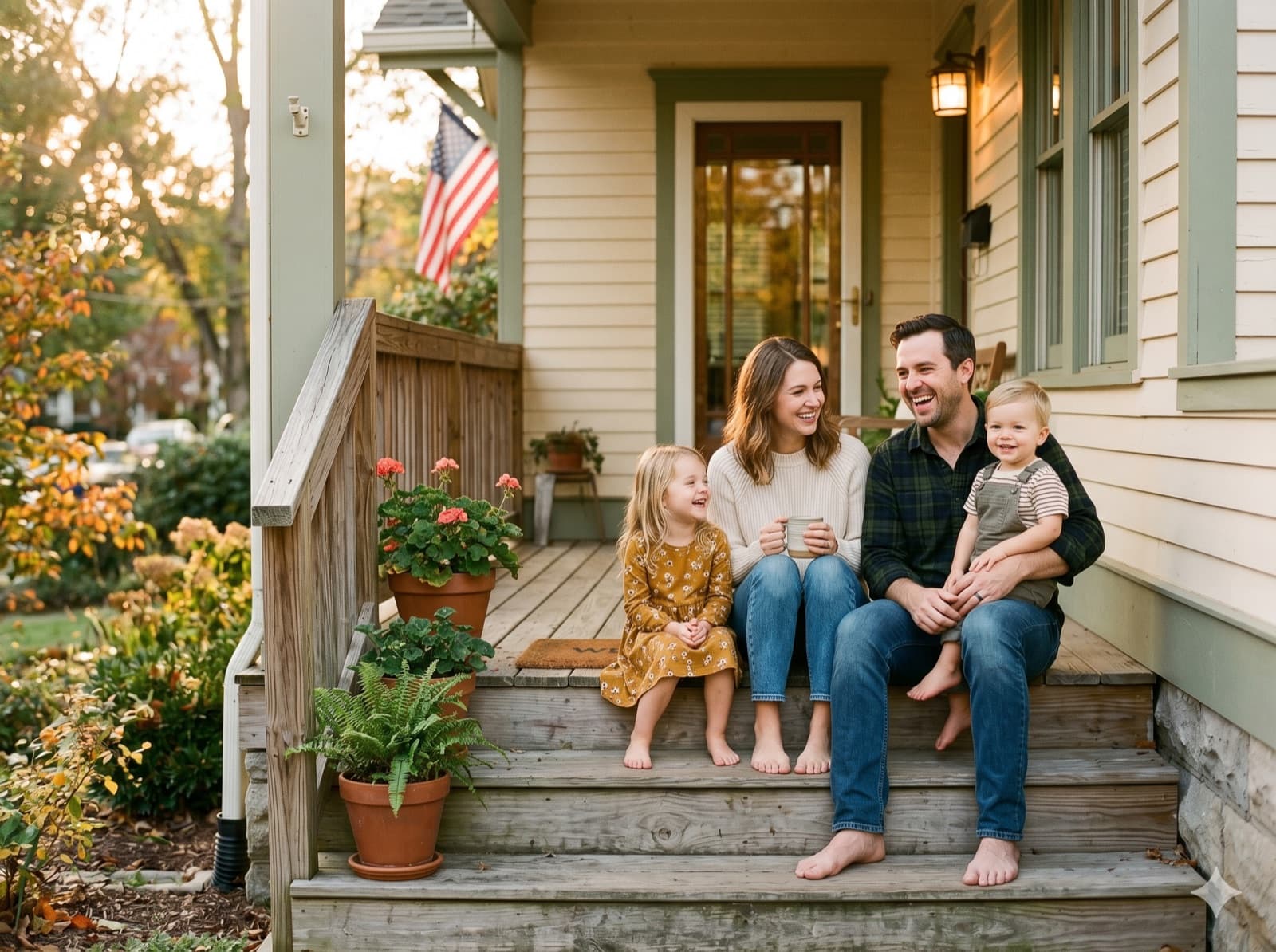 A family relaxing together on the front porch of their home at golden hour